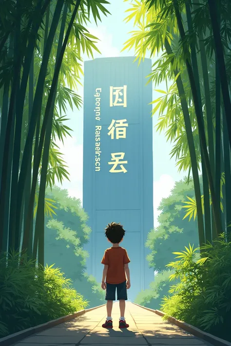 : A young boy (Kaito) standing in front of a sign that reads "Chengdu Research Center" with a bamboo forest in the background.
- Keywords: research center, bamboo forest, young boy