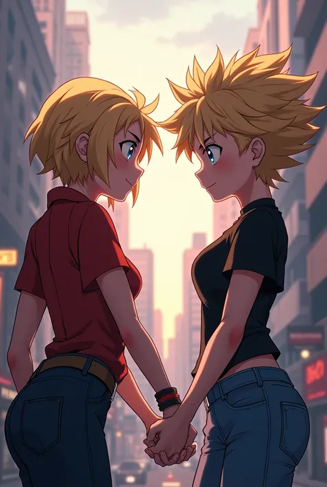 Make an image with her holding hands with Bakugo Katsuki from my hero academia 

Tankishoui Yagi.
Bakugo calls her "Tank" hood friends with Deku and Bakugo
Hair: short to the neck like a wolf cut or something And Yellow like All mights and has blue eyes  e...