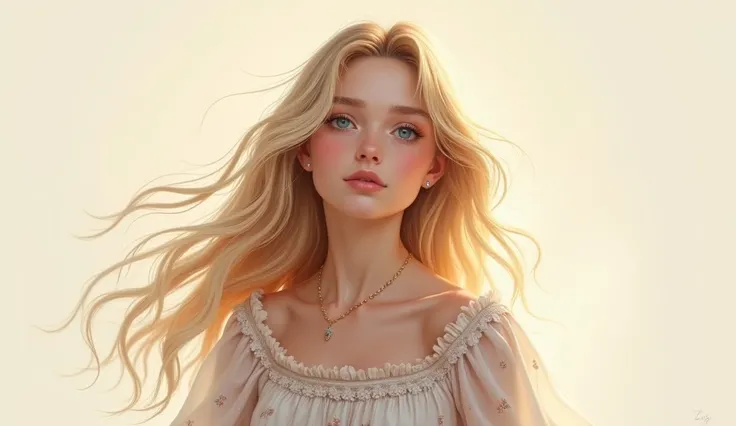 A young beautiful 15-year-old woman with long hair and blond Blue eyes 
Wearing a beautiful floral dress 
An angelic face 
Style: Realistic Digital Illustrations