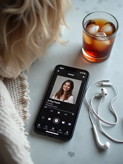 A flat-lay image of a modern lifestyle moment: a smartphone playing a soft music playlist with earphones slightly tangled around it, resting on a textured light-gray surface. Beside the phone, a chilled glass of iced coffee, showing clear ice cubes, adds a...