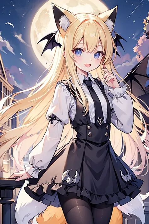 masterpiece,best quality,ultra detailed, flat illustration, 
((fox queen)),fox ears,fox tail,(vampire wings),blonde,long hair,frill blouse,tie,(bat print black pantyhose),gothic lace skirt,gothic lace arm-cover,open mouth smile, moon night,