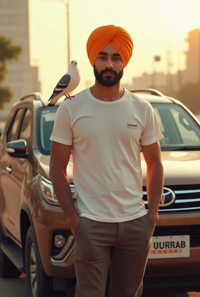 A tal y ft boy with body on sun light with turban Punjabi boy Punjabi turban like punjab in city with his car fortuner 
He wear tshirt and lower write name yuvraj ❤️ simran on her coat pocket a white pegion on her shoulder 