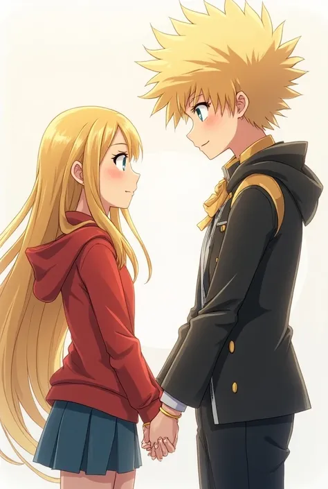 Make an image with her holding hands with Bakugo Katsuki from my hero academia 

Tankishoui Yagi.
Bakugo calls her "Tank" hood friends with Deku and Bakug

long Hair something And Yellow like All mights and has blue eyes  eyes like his 
shes All mights dau...