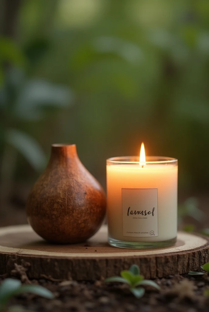 scented candle named lunasol, with natural background and the vase made by coconut