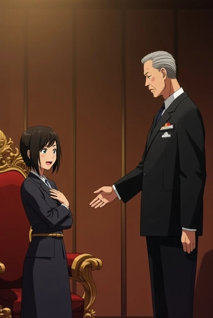 Michiko is standing with her head slightly bowed, looking shocked and surprised, one
hand over her heart to show humility and reluctance, while the king stands in front of his
throne with one hand extended toward her in a gesture of respect, symbolizing hi...