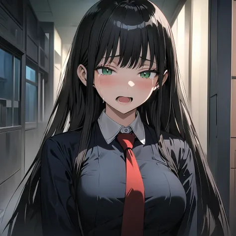 1female, school girl, ((alone)), crying, closed eyes, open mouth, ((sad expression)), ((very long black hair)), green eyes, long eyelashes, large breasts, black blazers, red ribbon neck tie, (in a hallway), night-time, dorm building, ((half-body image)), m...