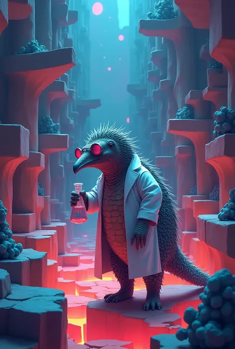 Pangolin dressed as a chemist in a maze