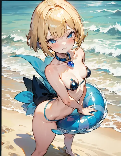  1 girl,  shortcut, Blonde,  blue eyes, Bob Hair,  Blushing ,  frowns, Awkward,  metallic dark blue pearl micro bikini, Very Small Breasts ,Background sandy beach,