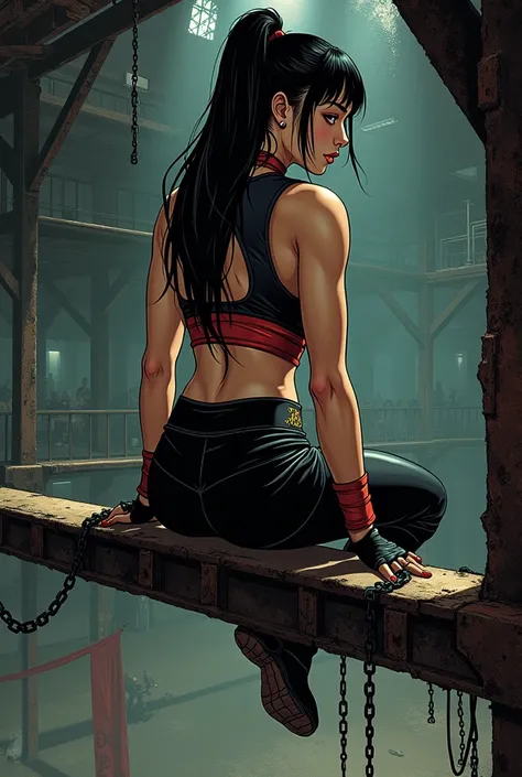 "Mei Lin, an intense and disciplined Asian female wrestler with long black hair cascading down her back, crouches silently in the rafters of The Forge—a gritty, industrial arena filled with rusted metal beams, hanging chains, and dim shadows. She’s wearing...