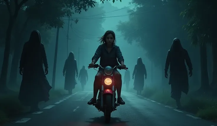 The girl sat on the back of the bike, while Rahul continued to ride the bike. A strange chill in the air, prickling Rahuls body. Some mysterious figures are emerging in the darkness on both sides of the road.