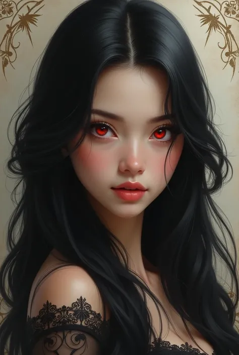 Calm long Black hair, red eyes, beautiful, realistic portrait, demure, European 