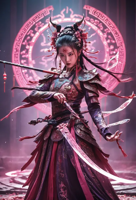 /I A young girl dressed in ancient Chinese clothing, bull body , gigantic cleavage breasts, long shot ,Asian people , holding a blade , dancing , Martialarts and fairy - like vibe, Game character, Surrounded by runes, Cyberpunkstyle, neon lights, best qual...