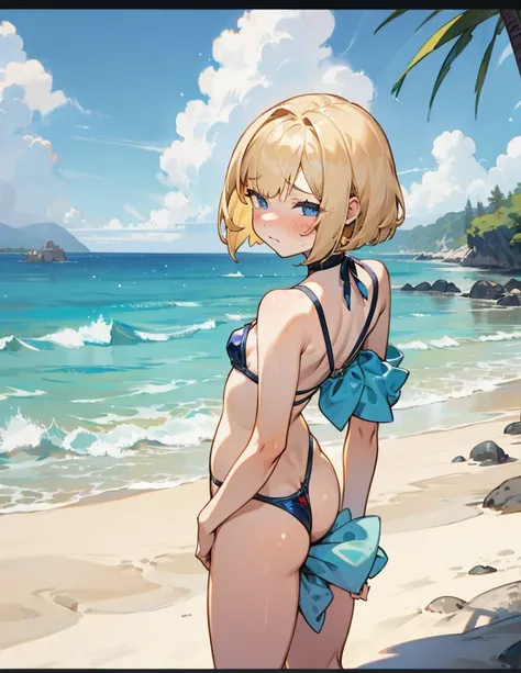  1 girl,  shortcut, Blonde,  blue eyes, Bob Hair,  Blushing ,  frowns, Awkward,  metallic dark blue pearl micro bikini, Very Small Breasts ,Background sandy beach,Rear view