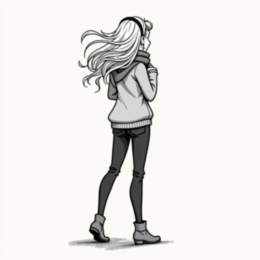 cartoon sketch, paper, black and white sketch, female, late teen, long blonde hair, tucked-in sweater, dark slim-fit pants, wool scarf, hairband, ankle boots, blown hair, from behind, backside view only, standing, hourglass figure, hands on chest, cartoon,...