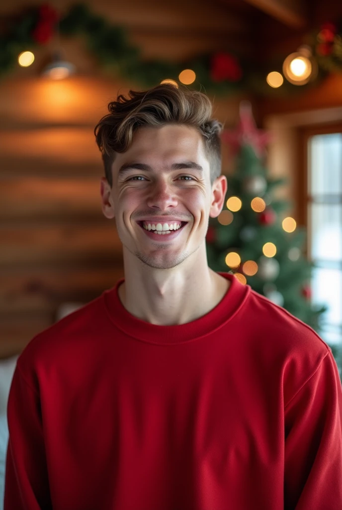  In Photo-Imaging of professional photorealistic images, ( Christmas cabin interior background), (wearing a red sweatshirt, circular neck) A cute 25-year-old man with short hair smiling, cheerful atmosphere 
