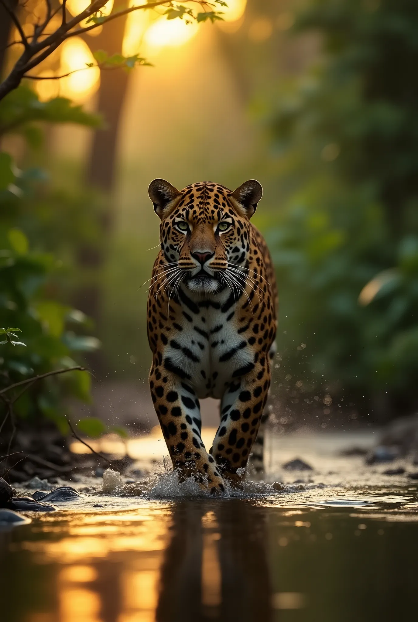 wildlife photography taken with a nikon z 6ii camera with a nikon nikkor z 400mm f/2.8 tc vr s lens, rare shot of panthera onca is was in a shallow river in the lush tropical rainforest of tambopata national reserve as the sun begins to set, ((full body)),