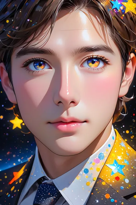  close-up of a better masterpiece:1.5)0.9], ( businessman :1.2) ( brown hair:1.1) (Gray eyes:1.2) (There are moles under the eyes) (Colorful stars in the eyes:1.0) (Glowing light:1.1) (Thick lips:0.9)