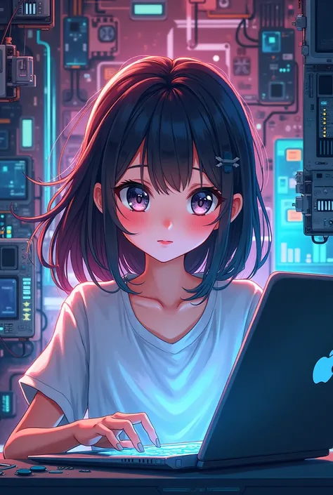 a girl computer engineer and make it like an art.
The girl should be on the center with computer engineering equipments is around her.
Make the face like an anime 