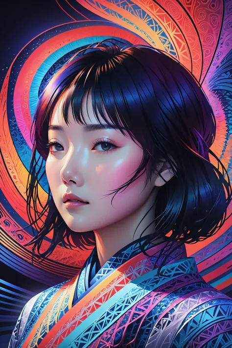 Colorful Abstract Art of Ink Forming an asian woman, eyes open, Lighting, Sub-Surface Scatterring, Glow,  japanese anime, realistic, surreal, ((japanese woman)), portrait, absurdres,highres,ultra detailed,ultra-detailed background,detailed background,extre...