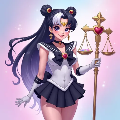  A full body Sailor Moon ,  she represents the Libra sign  ♎,  her hair is Chanel being half her hair black and The other half white ,  a blue eye and another red eye ,  her clothes are black and white with gray and gold details , She is thin , She has big...