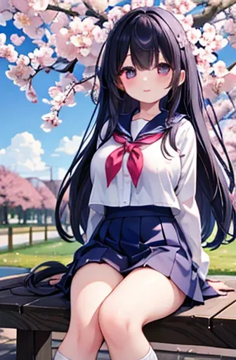 Rows of cherry blossom trees in the park　Cherry blossoms in full bloom　 Elementary school girl 　　 Very Big Breasts、　 black haired　Long Hair　Eyes are purple　（（1 person））　 white upper body long sleeve sailor suit　Navy blue mini skirt　 white panties 　 holding...