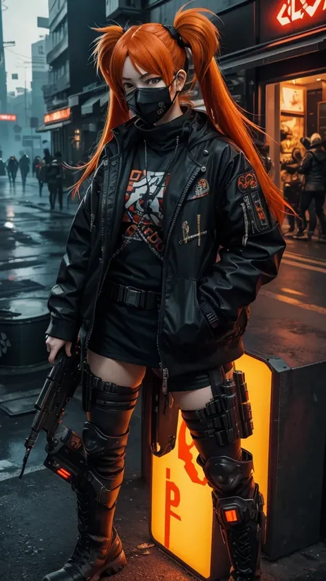 gun, cyberpunk fashion, twin tails, orange hair, boots,Food,Red eyes, mask,sea,Long Hair, goggles, 