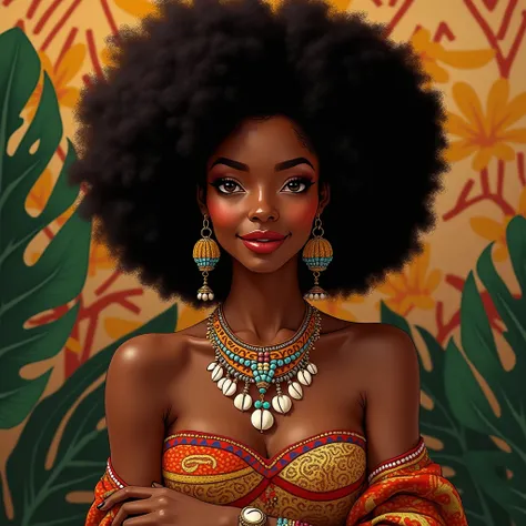 une jeune femme africaine avec des cheveux afro ; dressed up in page with cowrie jewelry