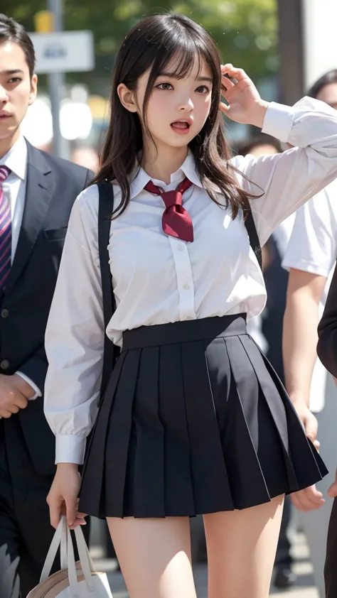 清楚な japaneseの美人女子学生を物色する中年男性たち,   female students are suddenly taken off their school uniforms in front of the public and their ...