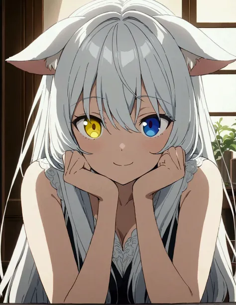 insanely detailed ,ultra detailed ,top quality ,best quality ,highres ,One girl, Long Hair, Cat ears, White Hair，heterochromia ,Right eye yellow，Left eye blue，anime, Living room, Sit in front of the dining table,Smile,