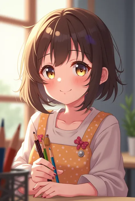 Cute girl anime is holding the drawing pencils 