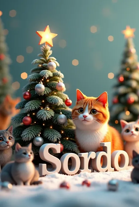 A 3D text that says  "Gaby Sordo" with a Christmas tree with a 3D star on the top and lots of beautiful cats 