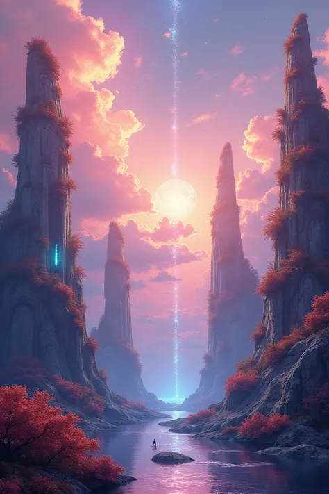 "A surreal landscape where vibrant, dreamlike realities rise up from the ground, blending elements of fantasy and futuristic technology. The scene should evoke a sense of awakening and transformation, with ethereal, glowing structures, floating islands, an...