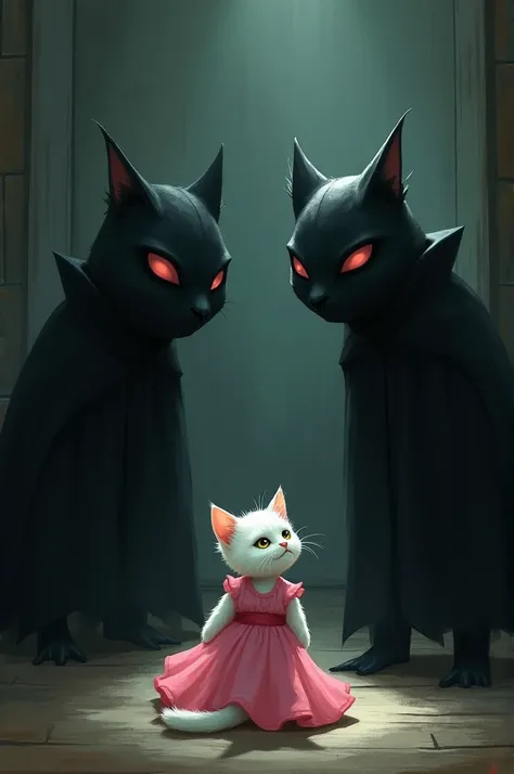 Two thieves are standing in a room with a white kitten The kitten is wearing a pink dress