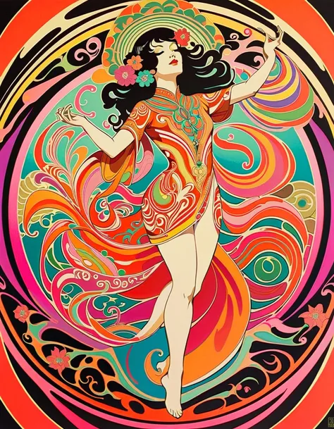 feminine art,  70s Disco Art ,  Groovy Art ,  Trippy Posters  , Hallucinatory, Hypnotic Patterns , Abstract, Euphoric,  Fluid Shapes ,  jewelry, flower.  flat illustration .   Negative Space in the Shape of a Dancing Womans Body .n Japanese Goddesses ,Abst...