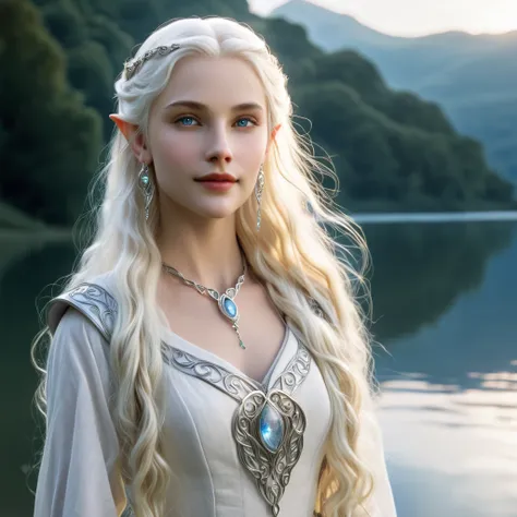 A young , Beautiful elf ,  resemblance to Arwen,  with long slightly wavy platinum blonde hair,  she wears earrings and a necklace , She loves the moon and a lake 