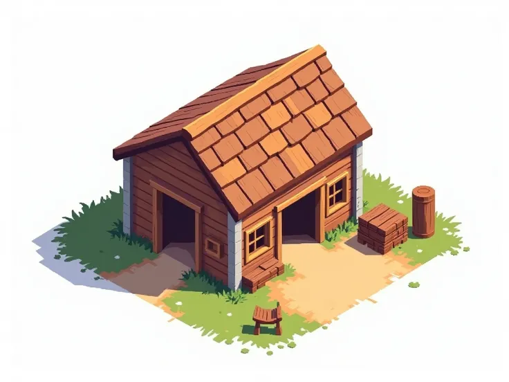  A birds-eye view drawn in pixel art style（top-down view）building，building正面完全平行于屏幕， as a lumber yard building 。 The building has a simple and clear appearance ，Includes wood 、 elements in the style of a warehouse or cottage ， and color with natural 。 The ...