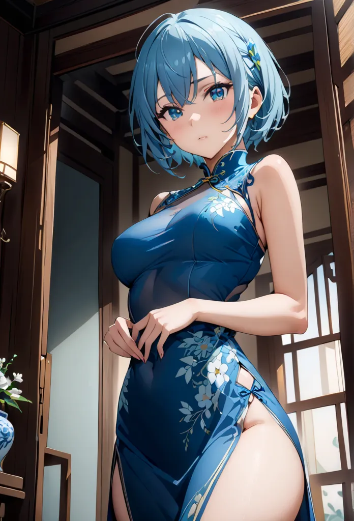 1 girl, shino asada,   short hair, bangs,   blue eyes,  blue hair, (((masterpiece)))，(( intricate details))　 high quality ,  hi-...