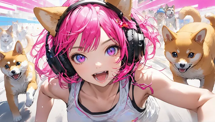 Realistic ,sketch , Cat ear headphones, Neon Hair, Texture Trim ,  Japanese, (masterpiece, best quality) pop and colorful background  ，鉛筆画のようなラフsketch，From the chest up， single woman holding a cute Shiba Inu puppy wearing a white tank top running ahead of ...