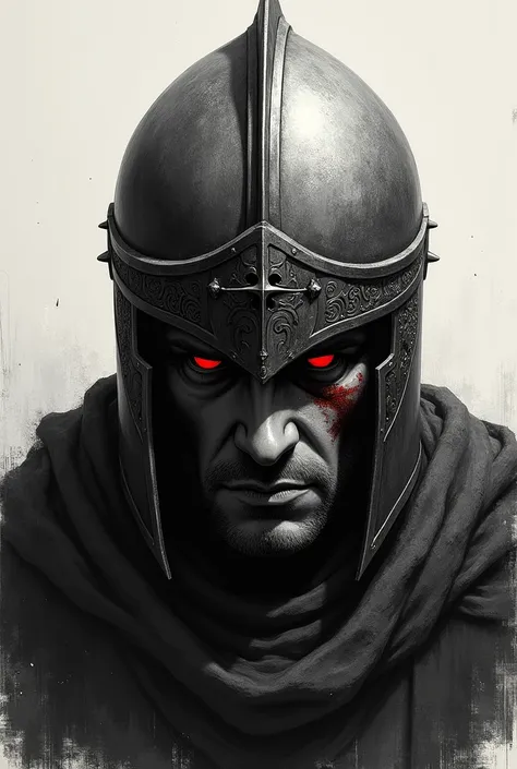 Create a black and white print on a t-shirt with a knights head wearing a helmet with a scar in the left eye and dark red glowing eyes. A slightly creative helmet more realistic 