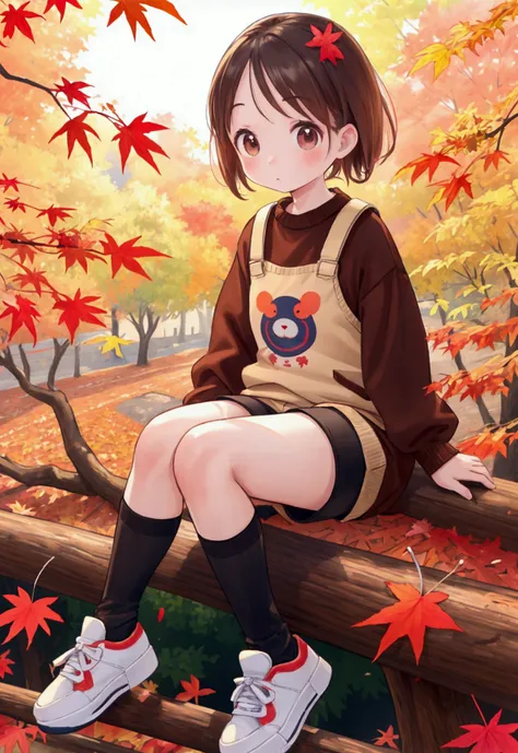 masterpiece,Best Quality, Hi-Res,Anatomical,Realistic, detailed description , full light,8k,kawaii,Big maple tree ,autumn leaves, falling leaves,((１People s)),Baby Face,Petite,flat body ,jumper, shorts,tights, sneakers,