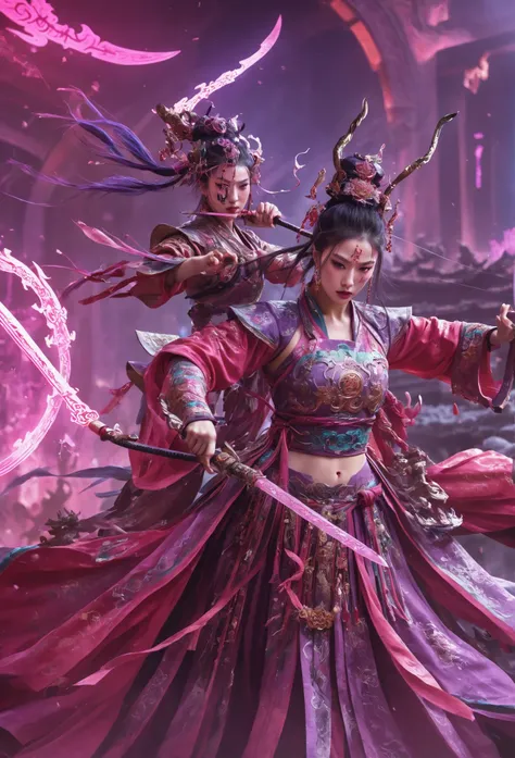 /I A young girl dressed in ancient Chinese clothing, bull body , (gigantic breasts:1.4), gigantic cleavage breasts, long shot ,Asian people , holding a blade , dancing , Martialarts and fairy - like vibe, Game character, Surrounded by runes, Cyberpunkstyle...