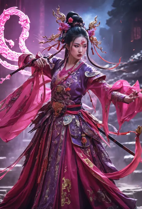 /I A young girl dressed in ancient Chinese clothing, bull body , (gigantic breasts:1.4), gigantic cleavage breasts, long shot ,Asian people , holding a blade , dancing , Martialarts and fairy - like vibe, Game character, Surrounded by runes, Cyberpunkstyle...