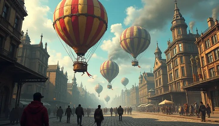  Make a city in the steampunk style ,  where it is partially destroyed ,  with a civil war taking place in the background ,  in the sky it seems to have some airworthy balloons similar to the one from the Second World War, But in the steampunk style ,  wit...