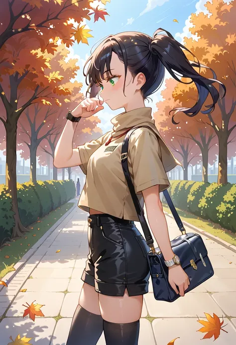 (masterpiece),(best quality),(ultra-detailed), (illustration), (an extremely delicate and beautiful) BREAK (looking wrist watch:1.4),looking down,uneasiness face,closed mouth,blush BREAK 1 high school girl,solo,(side ponytail:1.1),black hair,emerald green ...