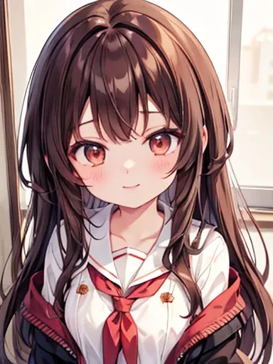  brown hair.   anime girl .  asian girl . Ulzzang.  Brown Eyes . smile. Seifuku, big chest、long hair、