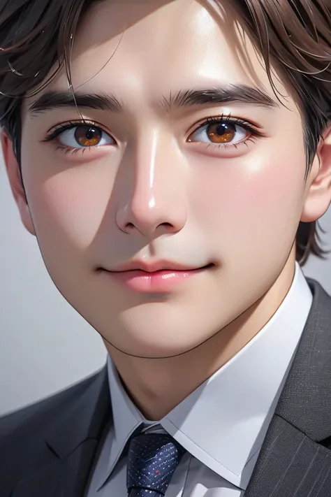  close-up of a better masterpiece:1.5)0.9], ( cool businessman :1.2) ( brown hair:1.1) (Gray eyes:1.2) (There are moles under the eyes1 .1) ( cold eyes, face, not smile:1.0) (Office room1 .1) (Thick lips:0.9)  cool, dont smile, have moles 