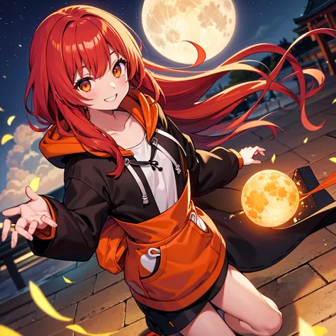 hoodie, 1girl, solo, a full moon night, Kyoto, red hair, long hair, orange eyes, flat chest, slim figure, smile, perfect anatomy