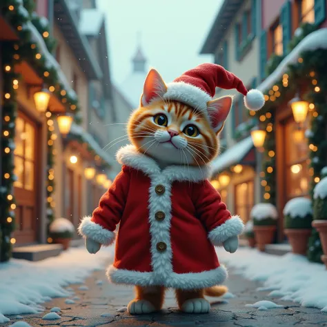 ((Photo RAW), Absurd, (résolution Absurd)),  masterpiece,  best quality, ( Extremely detailed Unity CG Wallpaper in 8k), (meilleure illustration), (Best Shadow),  realistic lighting , beautiful detailed shine, A fun cat dressed up as Santa Claus on a stree...