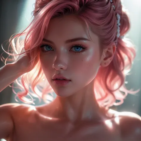 (((ultra realistic))) Photo, masterpiece, top quality, (pale skin), (Ultra detailed face and eyes:1.3), 1 girl, Adult, In Lifchik, ((Eye makeup, pink mascara)), ((large detailed lips)), ((pink wavy hair)), ((Stylish hairstyle)) , (Natural breasts), Slim wa...