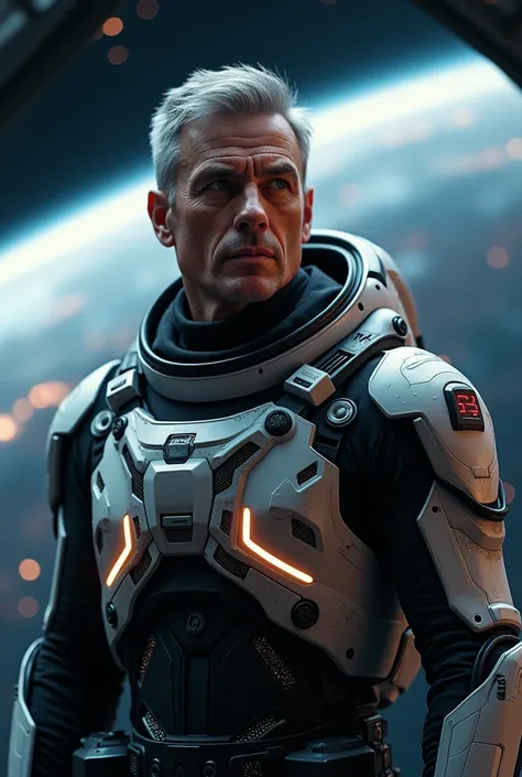 a gray-haired man with short hair, space comander, space suit, space station, earth in the background, cinematic lighting, dramatic pose, advanced technology, futuristic, hyper detailed, photorealistic